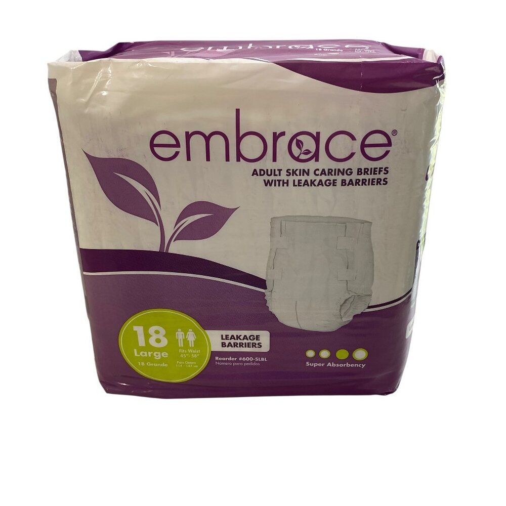 Embrace Adult 20 Ct Disposable‎ Briefs Sz LG Waist 45'-58" With Leakage Barriers